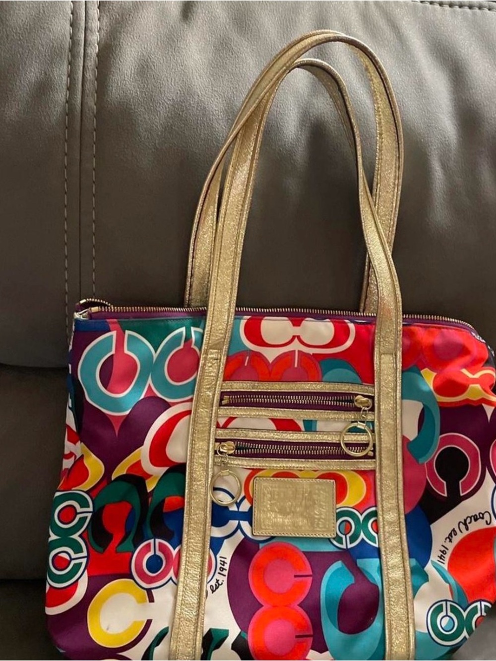 Coach Multicolor Logo Print Tote with Metallic Gold Straps